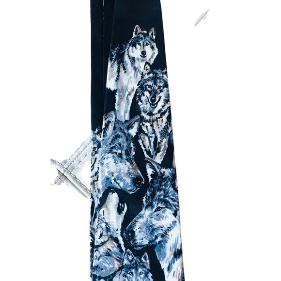 1995 WWF Grey Wolves Necktie World Wildlife Fund Silk Tie Vtg 90s Wolf Pack Art - Picture 4 of 7